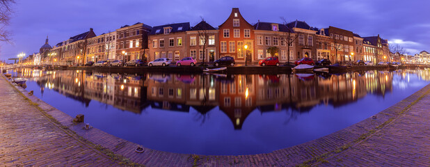 Fototapeta na wymiar Panorama of the city embankment in Leiden at sunrise.