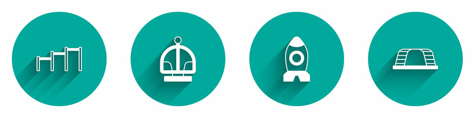 Set Sport horizontal bar, Attraction carousel, Rocket ship toy and Monkey icon with long shadow. Vector