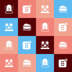 Set pop art Flasher siren, Online ticket booking, End of railway tracks and Coal train wagon icon. Vector
