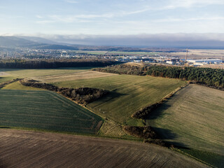 Drone shot of fields in the Ilsenburg district in Druebeck, Harz, Saxony-Anhalt, Germany