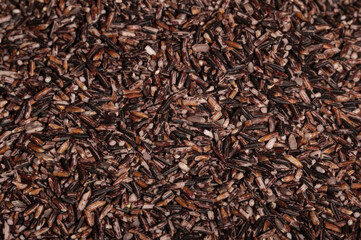 Place the black rice in the plate or bowl on the wood grain table