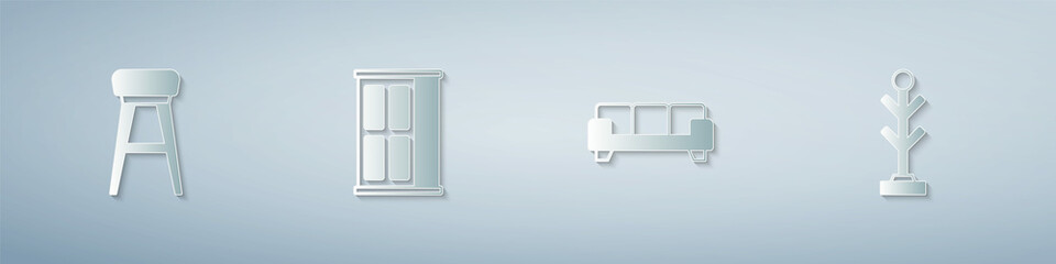 Set Chair, Wardrobe, Sofa and Coat stand. Paper art style. Vector