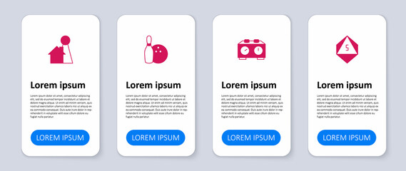 Set Game dice, Time chess clock, Bowling pin and ball and Chip for board game. Business infographic template. Vector