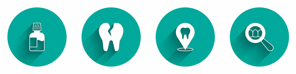 Set Mouthwash, Broken tooth, Dental clinic location and search icon with long shadow. Vector