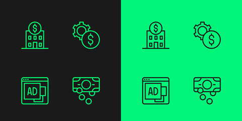 Set line Stacks paper money cash, Advertising, Bank building and Gear with dollar symbol icon. Vector