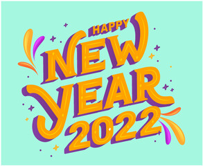 Happy New Year 2022 Design Vector Abstract Holiday Illustration Purple And Yellow With Cyan Background