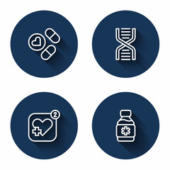 Set line Medicine pill or tablet, DNA symbol, Mobile with heart rate and Bottle of medicine syrup with long shadow. Blue circle button. Vector