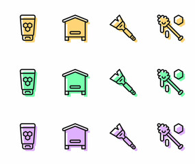 Set line Beekeeping brush, Cosmetic tube with honey, Hive for bees and Honey dipper stick icon. Vector