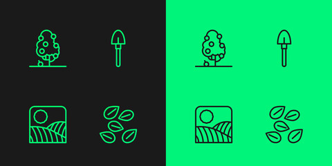 Set line Seeds of specific plant, Agriculture wheat field farm, Fruit tree and Shovel icon. Vector