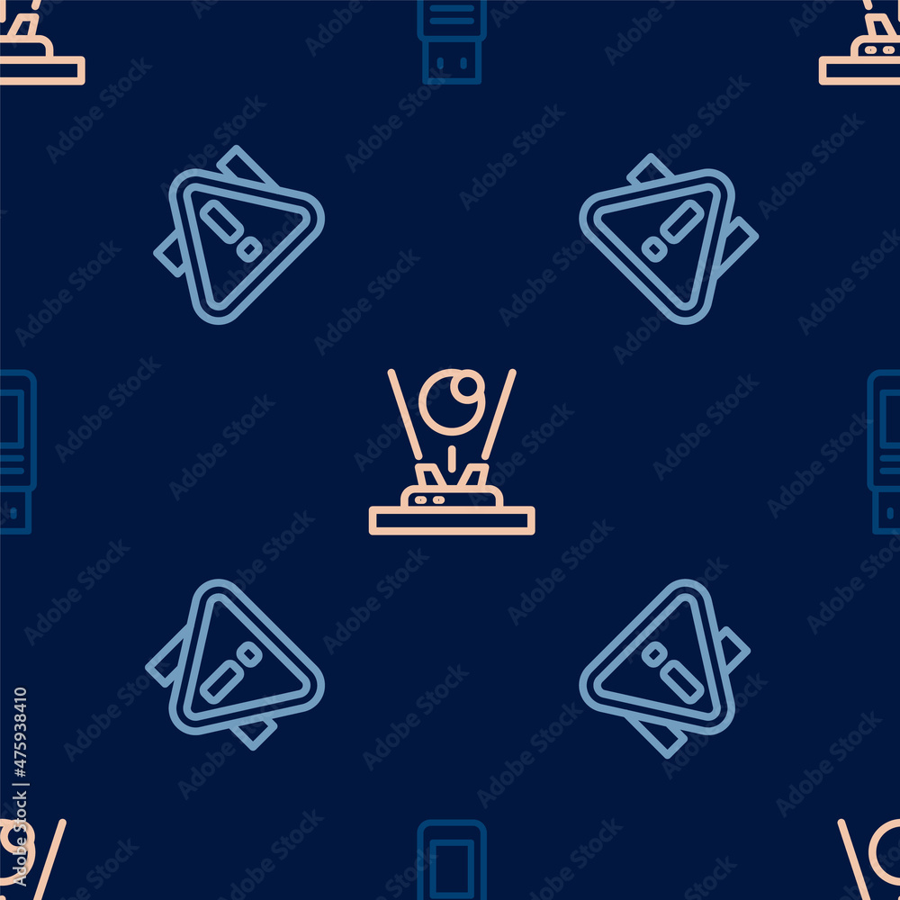 Poster set line usb flash drive, exclamation mark in triangle and hologram on seamless pattern. vector