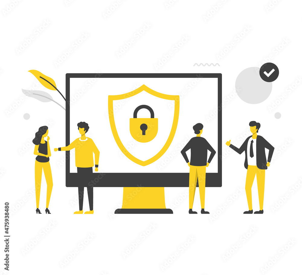 Poster computer security. flat vector illustration. people and computer with shield and lock on screen. com