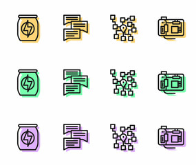 Set line Neural network, Energy drink, Speech bubble chat and Motherboard icon. Vector