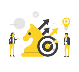 Business strategy. Business people and chess knight, target and arrows, light bulb. Business idea, plan, brainstorming, creative thinking. Modern concepts. Flat design