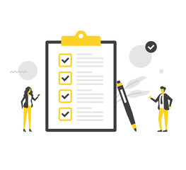 Checklist. Flat vector illustration. People and clipboard with check marks and pen. Survey, quality control, to do list. Modern concepts. Flat design