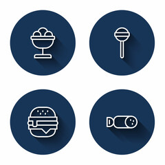 Set line Ice cream in the bowl, Lollipop, Burger and Salami sausage with long shadow. Blue circle button. Vector