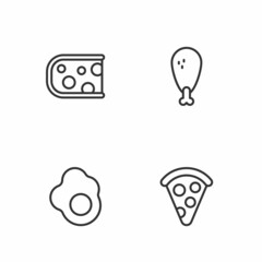 Set line Slice of pizza, Scrambled egg, Cheese and Chicken leg icon. Vector