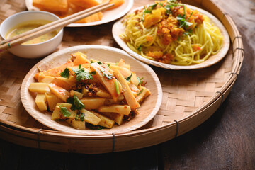 Spicy fresh Burmese tofu salad, deep fried Burmese tofu and noodles, Tai Yai food in Northern of Thailand