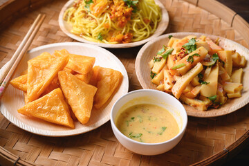 Deep fried Burmese tofu, spicy fresh Burmese tofu salad and noodles, Tai Yai food in Northern of Thailand