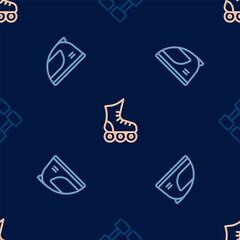 Set line Dumbbell, Racing helmet and Roller skate on seamless pattern. Vector