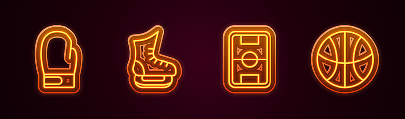 Set line Boxing glove, Skates, Football field and Basketball. Glowing neon icon. Vector