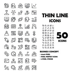 50 Icons set of Business Line icons. Such as paper, calender, light bulb, etc. Signs for infographic, logo, app and website design. 64x64 pixel perfect. Linear symbols set.