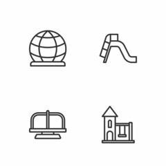 Set line Swing for kids, Attraction carousel, Playground climbing equipment and Slide playground icon. Vector