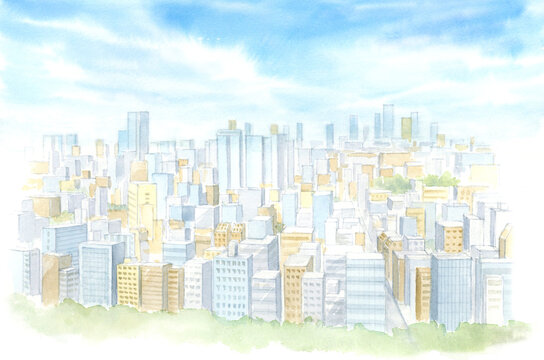 高層ビルが立ち並ぶ都会の景色　水彩画　鳥瞰　俯瞰
