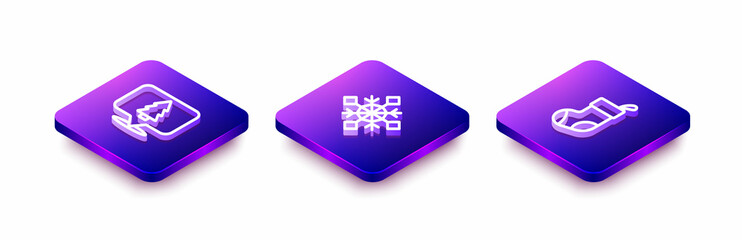 Set Isometric line Christmas tree, Snowflake and stocking icon. Vector