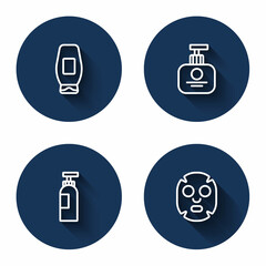 Set line Bottle of shampoo, Tube hand cream, and Facial cosmetic mask with long shadow. Blue circle button. Vector