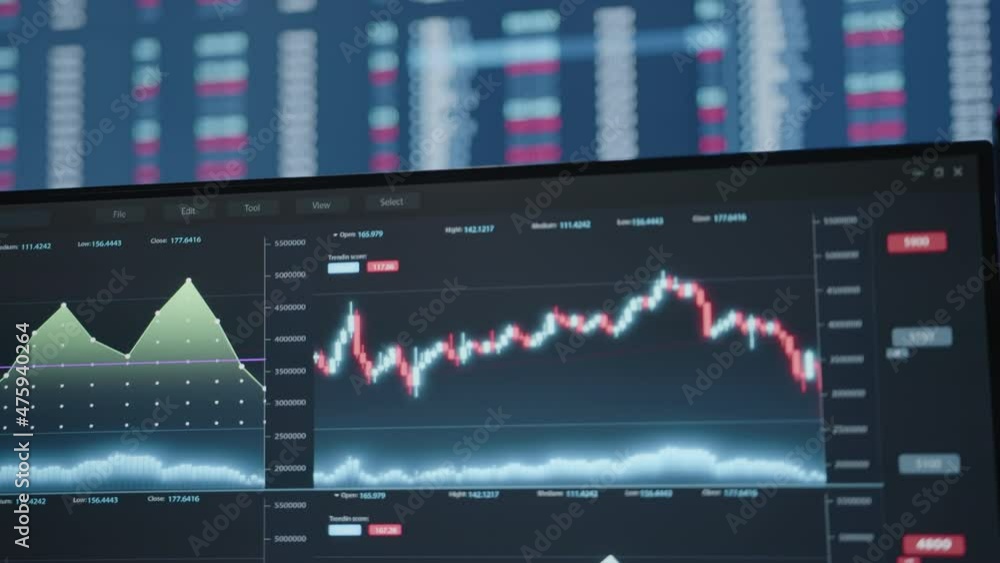 Poster focus on altcoins on the big monitor on the back and bitcoin and ethereum analysis chart on the fron
