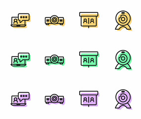 Set line Video chat conference, Movie, film, media projector and Web camera icon. Vector