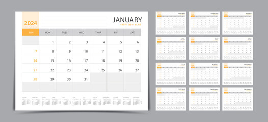 Monthly calendar template for 2024 year. Week Starts on Sunday. Wall calendar 2024 in a minimalist style. Set of 12 months. Desk calendar 2024. Planner. printing template. office organizer. vector