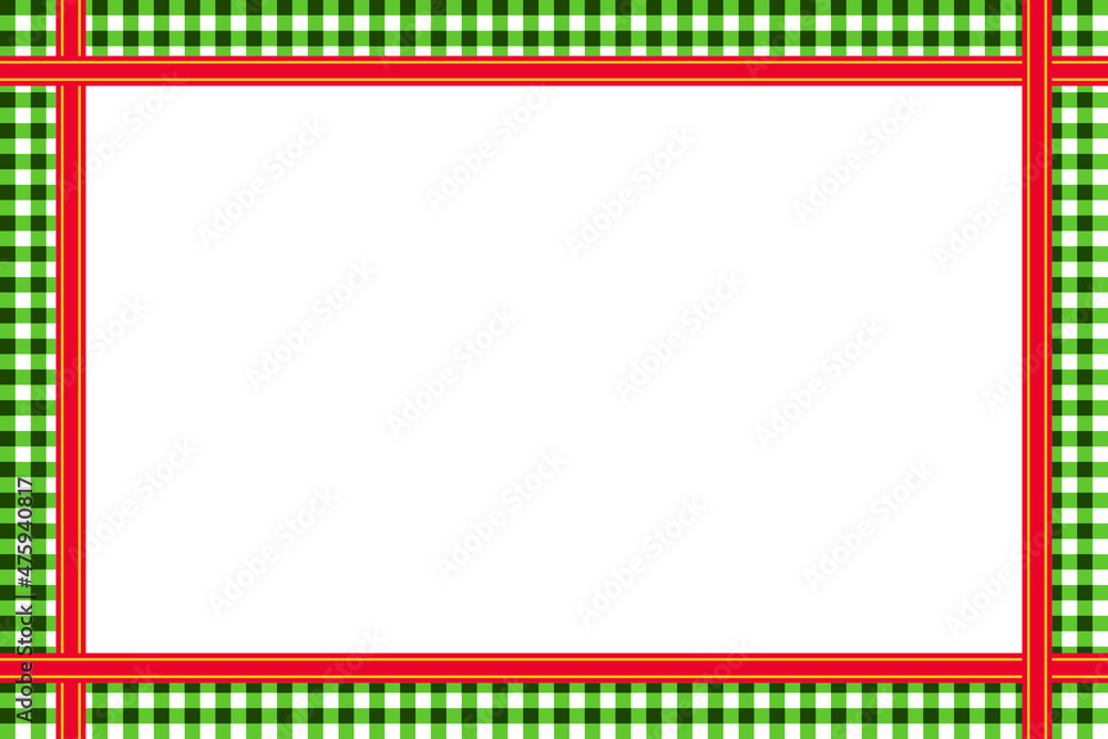 Poster frame design with green check pattern and red ribbon combination in christmas style.