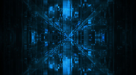 Abstract neon dark futuristic background. Sci-fi space background. Light movement, light tunnel, multicolor speed, portal, fractal. Symmetrical reflection. 3D illustration. 