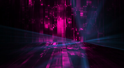 Abstract neon dark futuristic background. Sci-fi space background. Light movement, light tunnel, multicolor speed, portal, fractal. Symmetrical reflection. 3D illustration. 