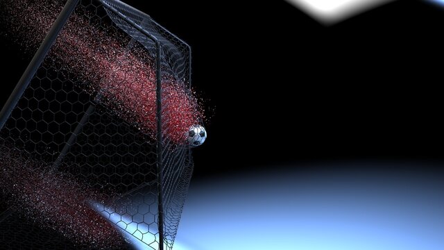 Black-White Soccer Ball in the Black Goal Net with particles under laser lighting. illustration. 3D CG. High resolution. 3D high quality rendering.
