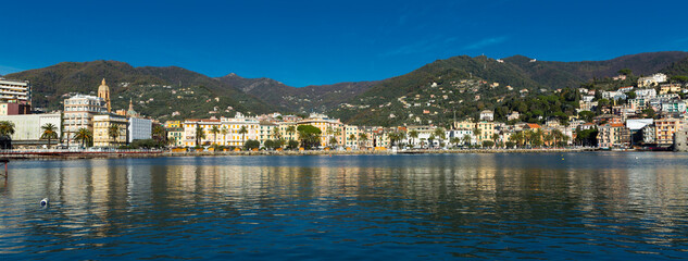 Scenic panoramic view of Italian town of Rapallo on Ligurian Sea coast of Italy