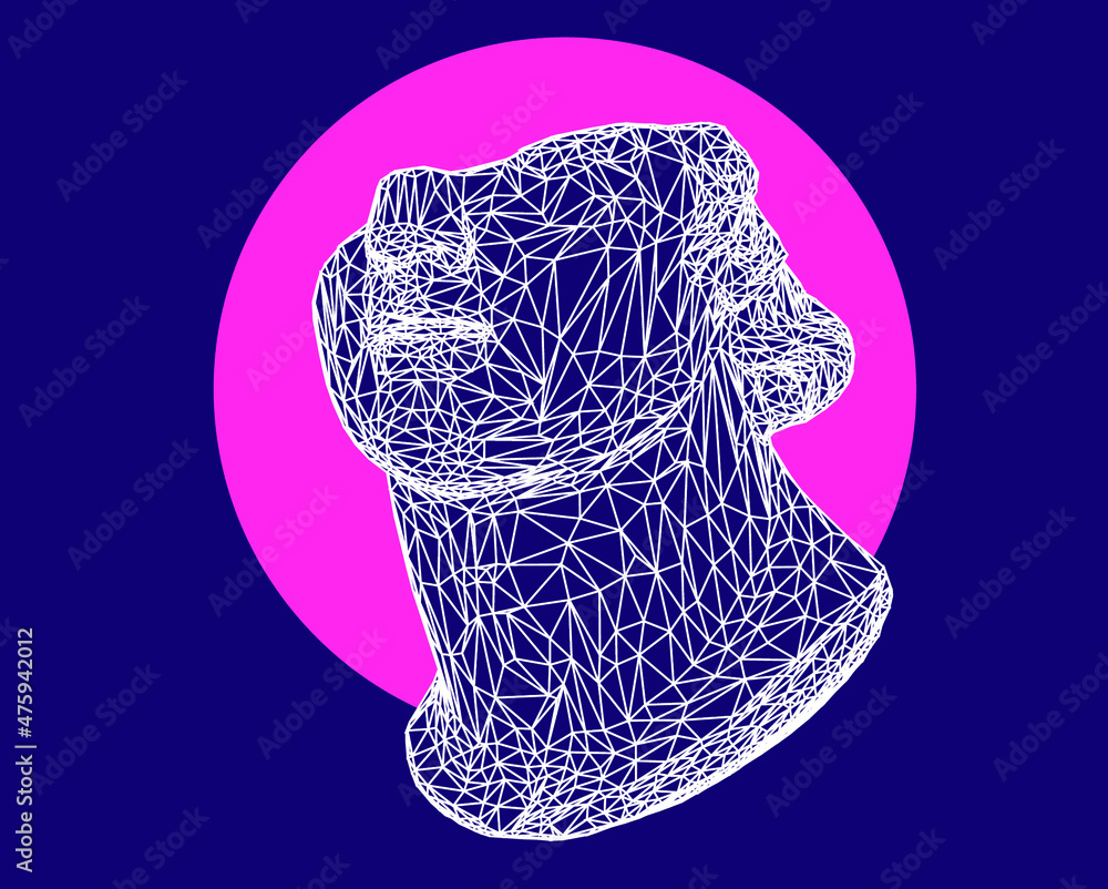 Poster 3d model of a fragmentary colossal head of a youth sculpture in cyberpunk retrowave style. bust made