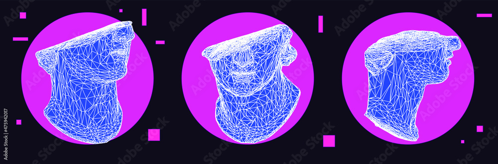 Poster 3d model of a fragmentary colossal head of a youth sculpture in cyberpunk retrowave style. bust made