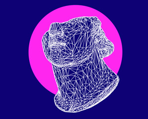 3D model of a Fragmentary colossal head of a youth sculpture in cyberpunk retrowave style. Bust made of polygonal particles. Vector illustration.