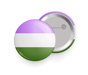 Genderqueer pride flag round glossy metallic 3d badge. Lgbtq flag, official symbol of genderqueer community or movement. Front and back side of pin button realistic vector illustration