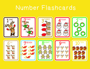 Cute Christmas number flashcards set. Christmas number Flashcards edition. Educational printable math flashcards. Counting number flashcards. Vector illustration. 