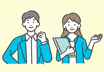 オフィスカジュアルで働く会社員が案内したりガッツポーズをとるベクターイラスト素材／ビジネス／ビジネスパーソン／人々