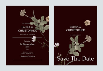 Floral wedding invitation card template design, flowers and lignum vitae leaves on dark grey