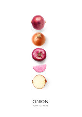 Creative layout made of onions  on the white background. Flat lay. Food concept.