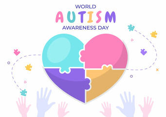 Fototapeta na wymiar World Autism Awareness Day with Hand of Puzzle Pieces Suitable for Greeting Card, Poster or Banner in Flat Design Illustrations