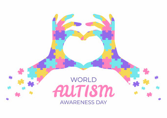 World Autism Awareness Day with Hand of Puzzle Pieces Suitable for Greeting Card, Poster or Banner in Flat Design Illustrations