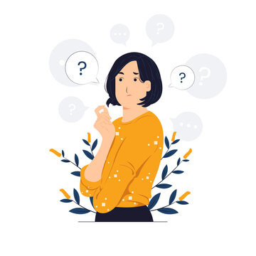 questioned, thinking, and confused with question mark looking up with thoughtful focused expression concept illustration