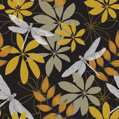 leaves and dragonfly design - seamless vector repeat pattern, use it for wrappings, fabric, packaging and other print and design projects