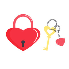 Heart lock and golden key with heart-shaped keychain. Good for Valentine's day greeting banner, poster, sticker.